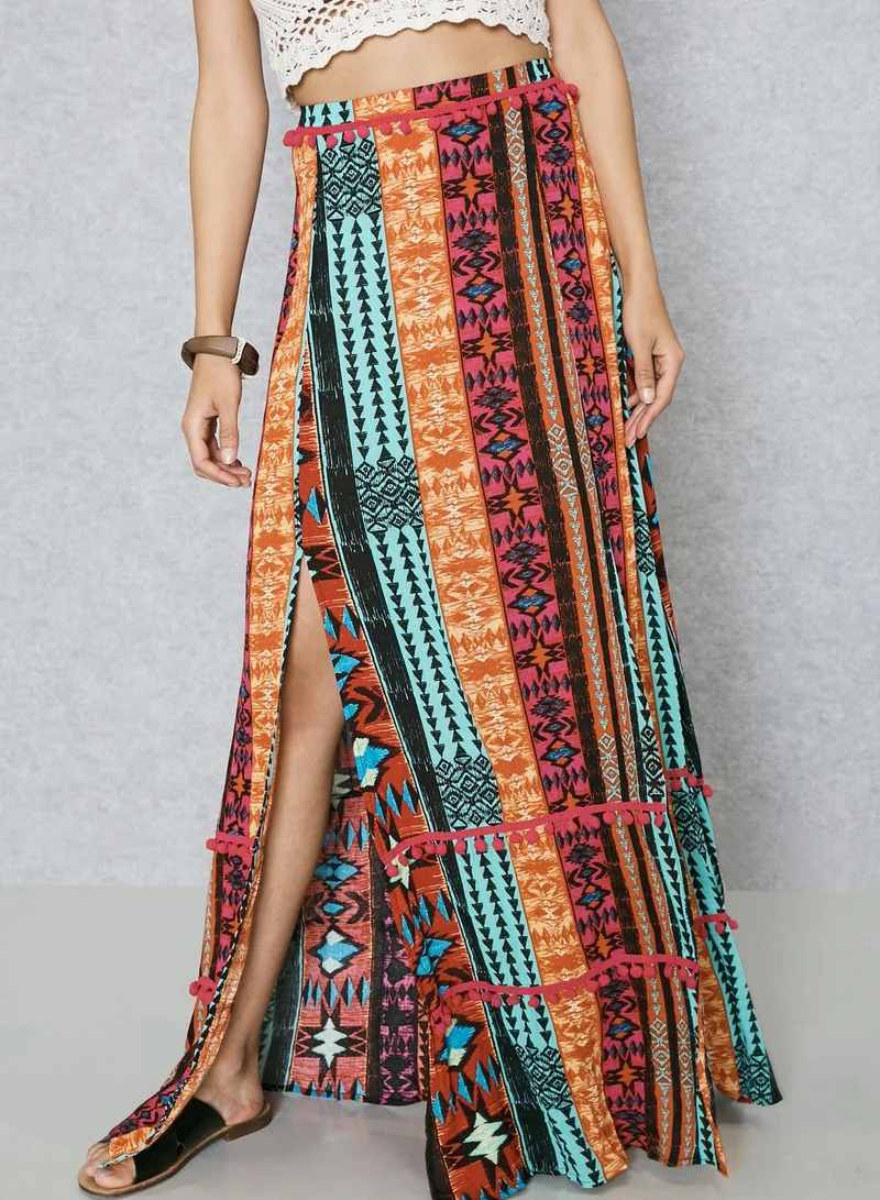 GLAMOROUS Aztec Print Pom Pom Maxi Skirt