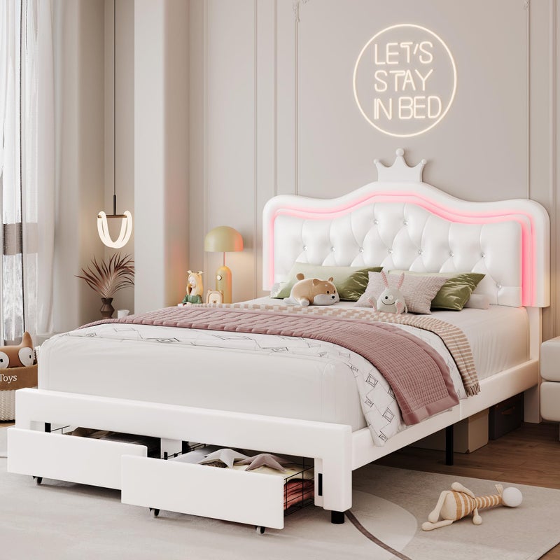 Keyluv Queen Upholstered LED Bed Frame with Storage Drawer Leather Princess Platform Bed with Adjustable Crystal Button Tufted Crown Headboard Solid Wooden Slats Support No Box Spring Needed White