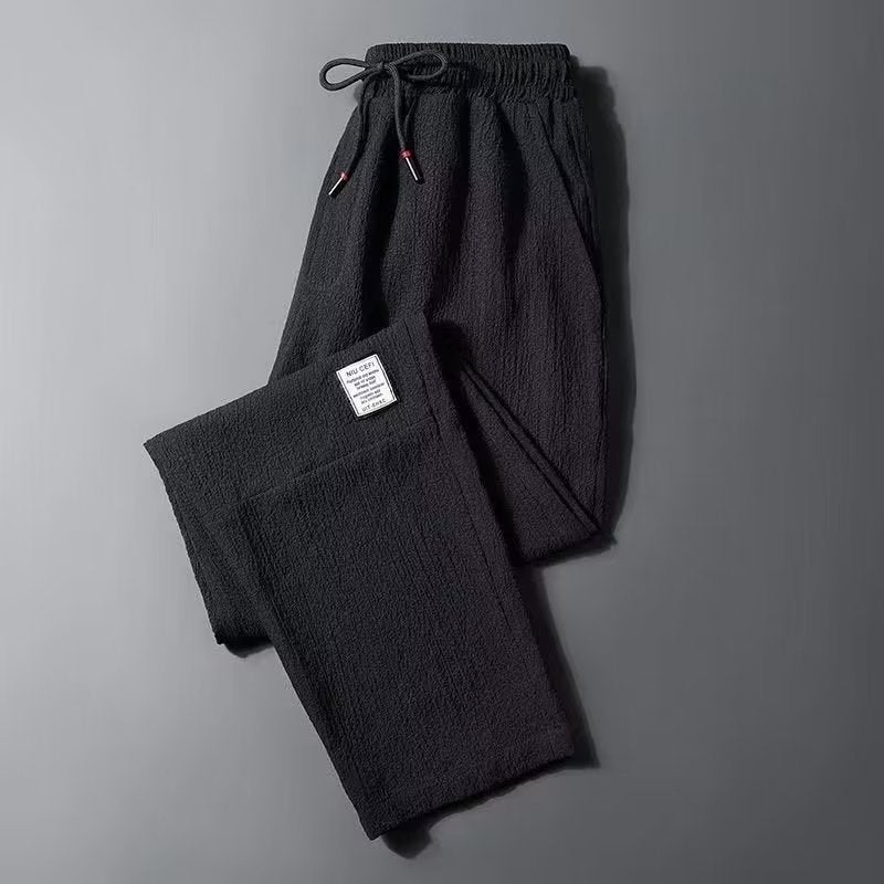 Summer Ice Silk Ultra-thin Pleated Linen Pants Mens Loose Wear-resistant Work Clothes Summer Long Pants Mens K145 black - Image 1