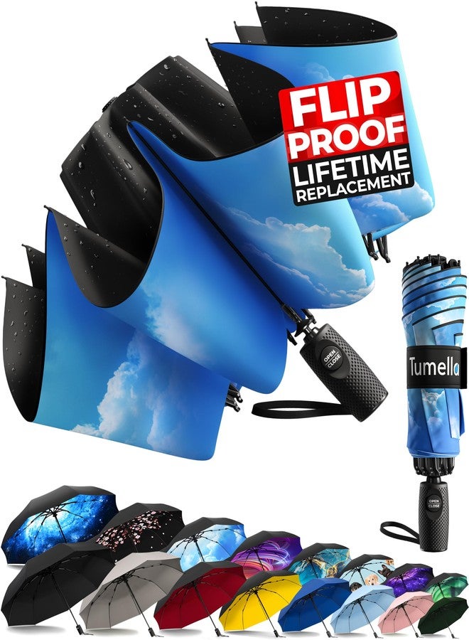 TUMELLA Inverted Windproof Umbrella, Large, Strong & Light, Portable and Automatic Reverse Folding Rain Umbrella, Durable Premium Grip, Fits Car & Backpack, E. Blue Skies, 46 inches, Modern - Image 1