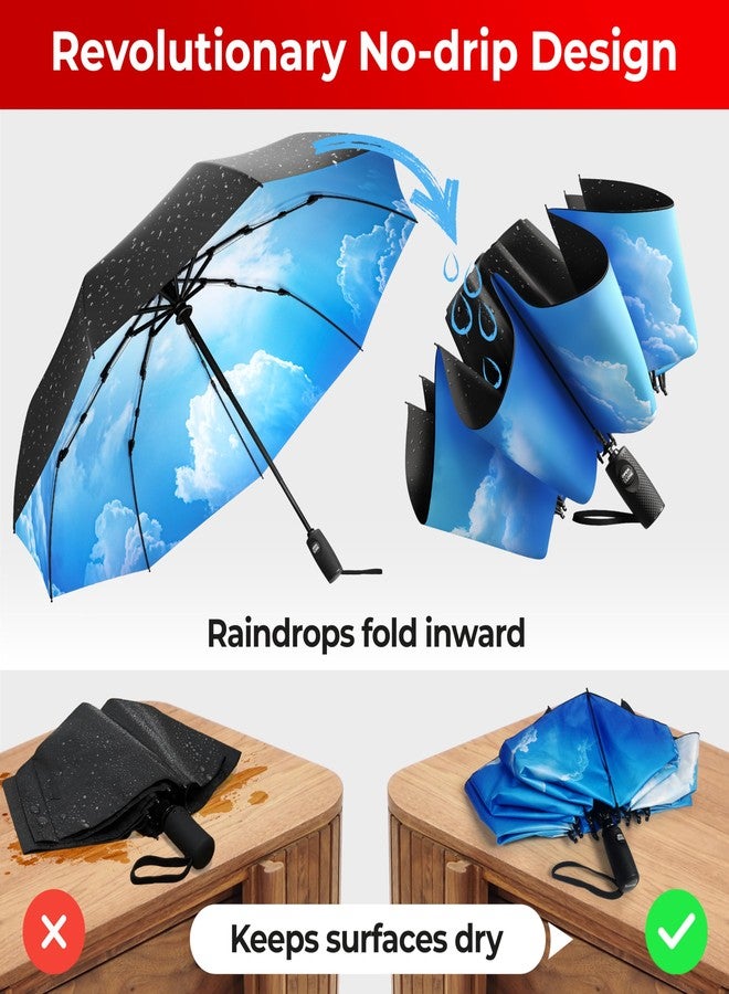 TUMELLA Inverted Windproof Umbrella, Large, Strong & Light, Portable and Automatic Reverse Folding Rain Umbrella, Durable Premium Grip, Fits Car & Backpack, E. Blue Skies, 46 inches, Modern - Image 5