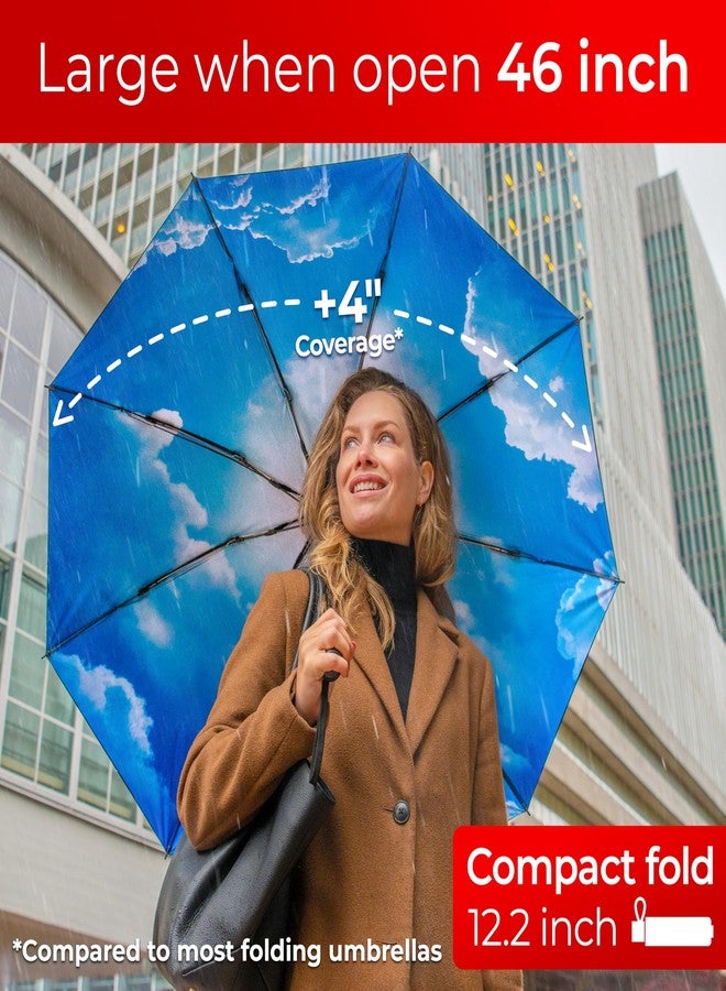 TUMELLA Inverted Windproof Umbrella, Large, Strong & Light, Portable and Automatic Reverse Folding Rain Umbrella, Durable Premium Grip, Fits Car & Backpack, E. Blue Skies, 46 inches, Modern - Image 2