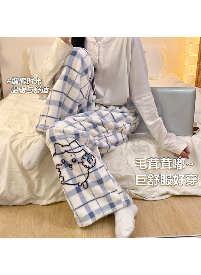 Autumn And Winter New Style Velvet Thickeneded Home Coral Velvet Outer Wear Small Pants Flannel Pajamas For Women