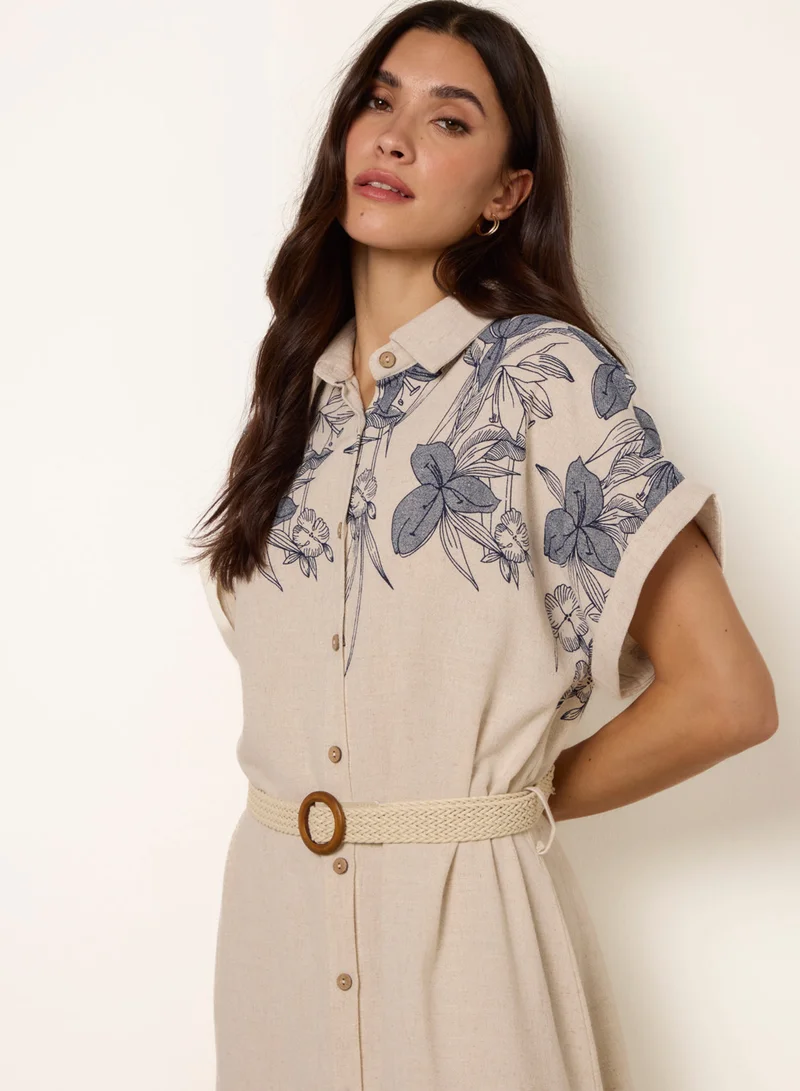 Blue Vanilla Printed Linen Belted Dress
