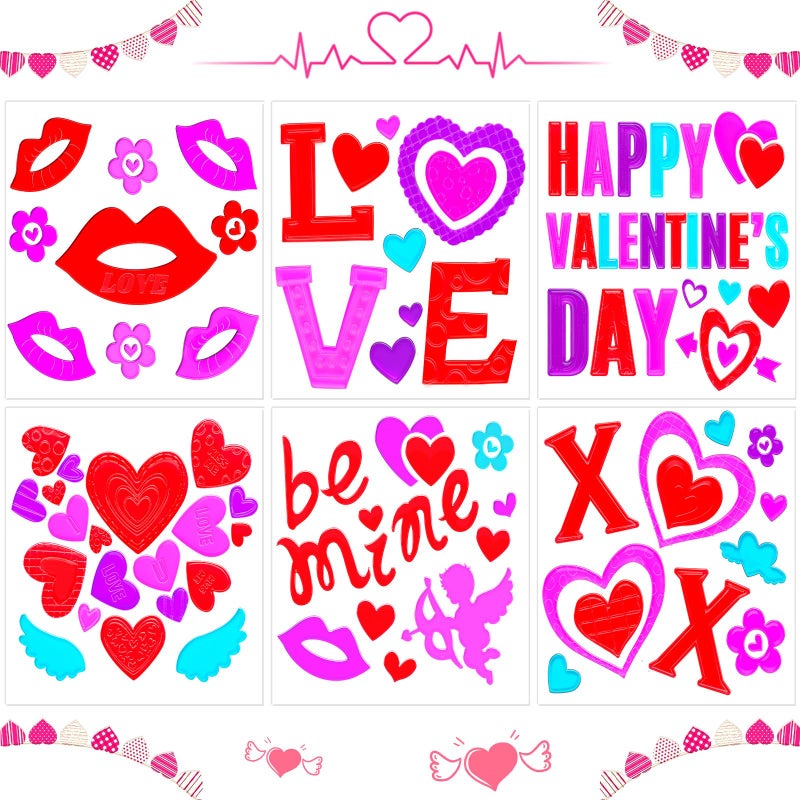 Natonhi 6 Sheets Valentine's Day Gel Window Clings Love Heart Window Stickers Reusable and Removable Windows Decals for Wedding Party Home Decor - Image 1