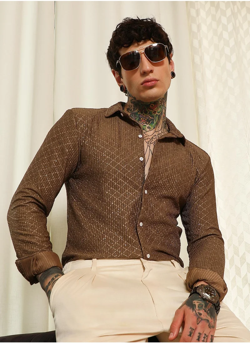Campus Sutra Men's Brown Diamond Pattern Slim Fit Shirt