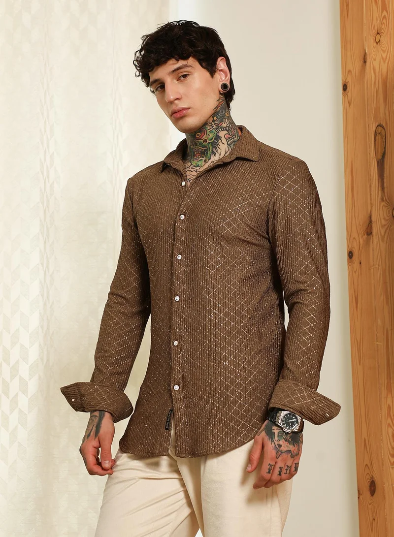 Campus Sutra Men's Brown Diamond Pattern Slim Fit Shirt