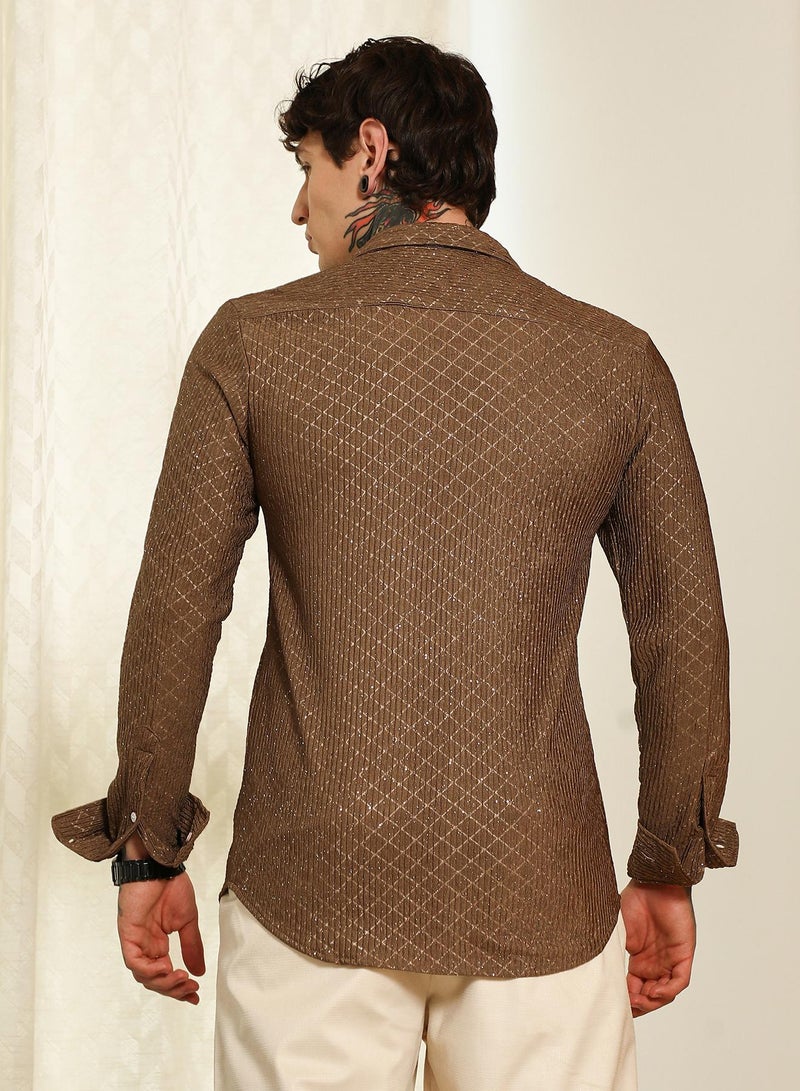 Campus Sutra Men's Brown Diamond Pattern Slim Fit Shirt  - Image 5