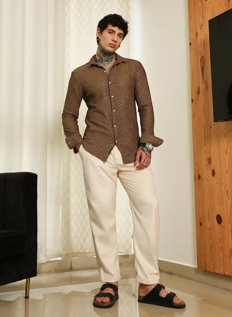 Campus Sutra Men's Brown Diamond Pattern Slim Fit Shirt