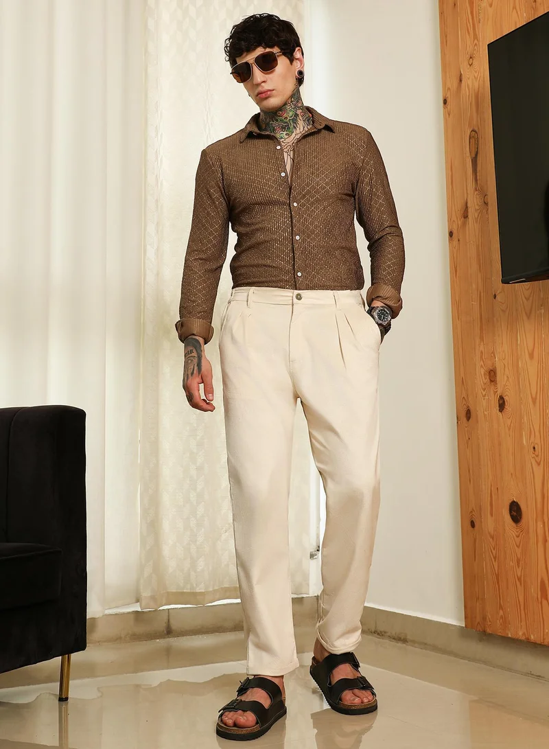 Campus Sutra Men's Brown Diamond Pattern Slim Fit Shirt