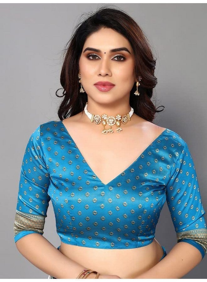 SICHI Women'S Poly Silk Printed Saree With Unstitched Blouse Piece(2952S2081N_White & Beige & Blue) - Image 4