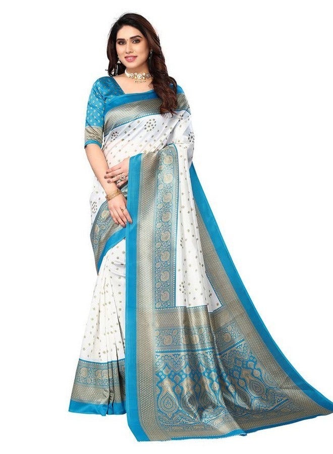 SICHI Women'S Poly Silk Printed Saree With Unstitched Blouse Piece(2952S2081N_White & Beige & Blue) - Image 1