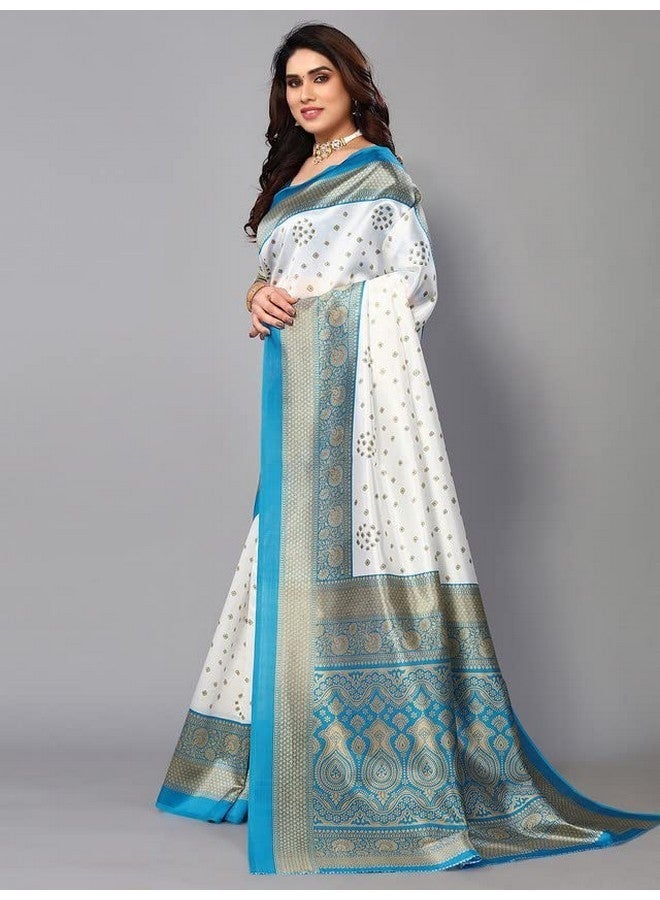 SICHI Women'S Poly Silk Printed Saree With Unstitched Blouse Piece(2952S2081N_White & Beige & Blue) - Image 2