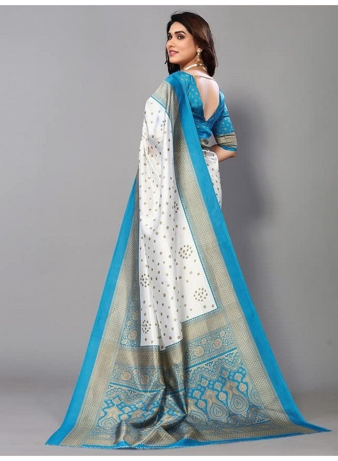 SICHI Women'S Poly Silk Printed Saree With Unstitched Blouse Piece(2952S2081N_White & Beige & Blue) - Image 3
