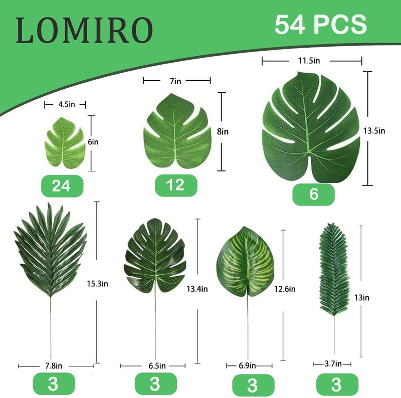 LOMIRO 54 Pieces 7 Kinds Artificial Tropical Leaf Jungle Leaves Plant Safari Leaves Decorations Fake Palm Leaf with Stems for Hawaiian Luau Party Table Beach Birthday Wedding Theme Party Decorations - Image 2