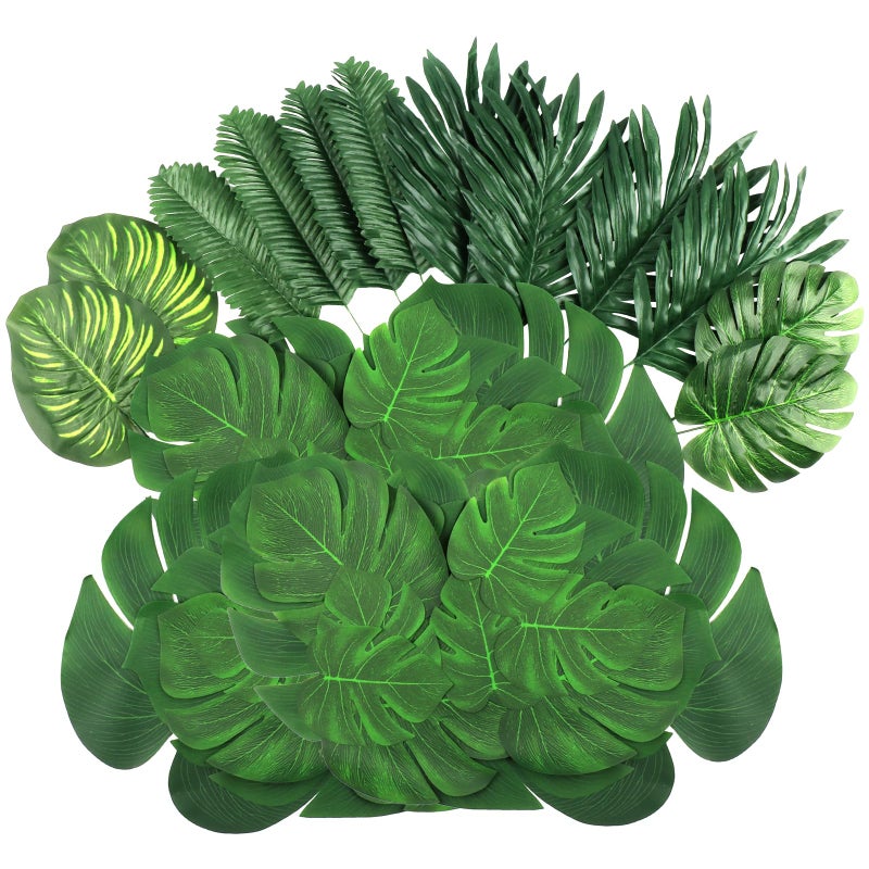 LOMIRO 54 Pieces 7 Kinds Artificial Tropical Leaf Jungle Leaves Plant Safari Leaves Decorations Fake Palm Leaf with Stems for Hawaiian Luau Party Table Beach Birthday Wedding Theme Party Decorations - Image 1