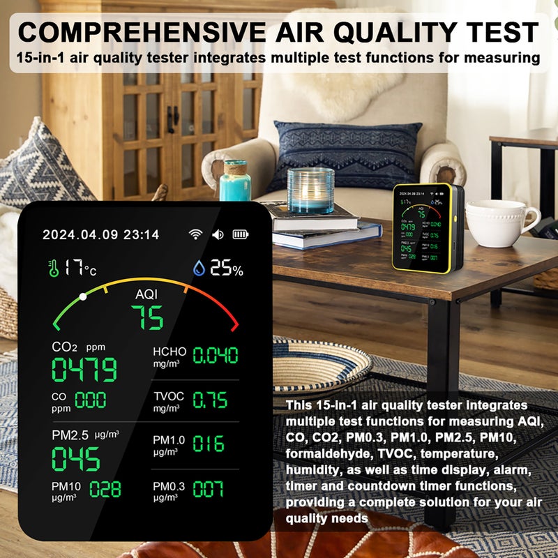 Tuya WiFi15in1 Air Quality Detector Household Portable AQI PM0.3 PM1.0 PM2.5 PM10 CO CO2 TVOC HCHO Tester TFT Display Multifunctional Time Temperature and Humidity Test Meter Versatile Time Clock - Image 5