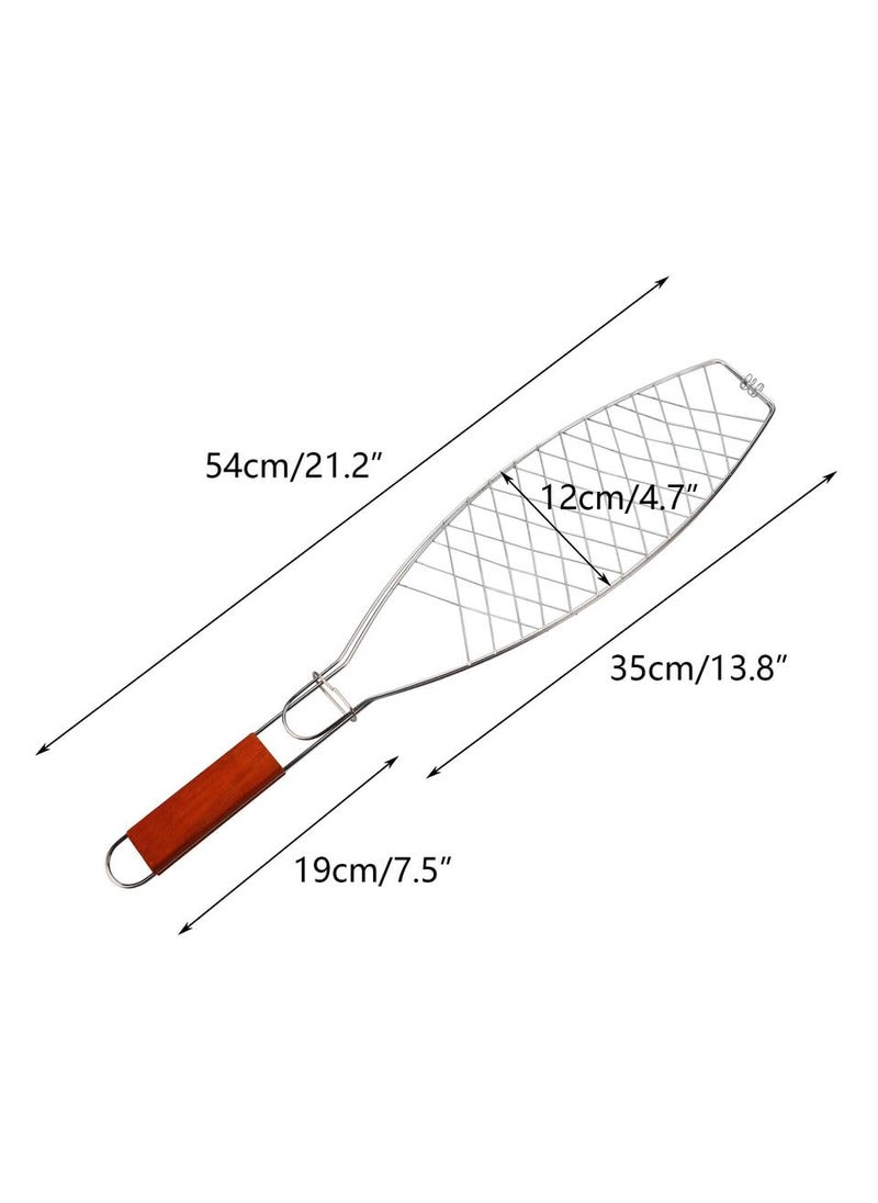 Alark Alark Fish Grilling Basket Folding Portable Stainless Steel BBQ Grill Basket for Fish Vegetables Shrimp with Foldable Wood Handle Portable Outdoor Camping BBQ Rack Cooking Accessories 54x13x15 CM  - Image 2