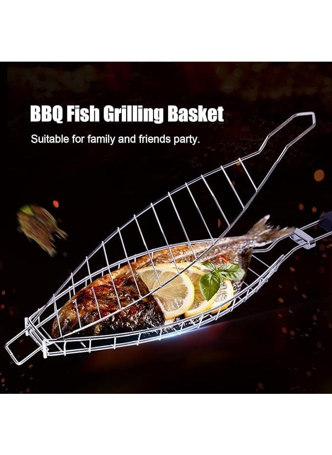 Alark Alark Fish Grilling Basket Folding Portable Stainless Steel BBQ Grill Basket for Fish Vegetables Shrimp with Foldable Wood Handle Portable Outdoor Camping BBQ Rack Cooking Accessories 54x13x15 CM  - Image 5