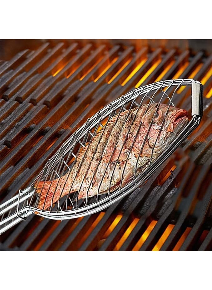 Alark Alark Fish Grilling Basket Folding Portable Stainless Steel BBQ Grill Basket for Fish Vegetables Shrimp with Foldable Wood Handle Portable Outdoor Camping BBQ Rack Cooking Accessories 54x13x15 CM  - Image 3
