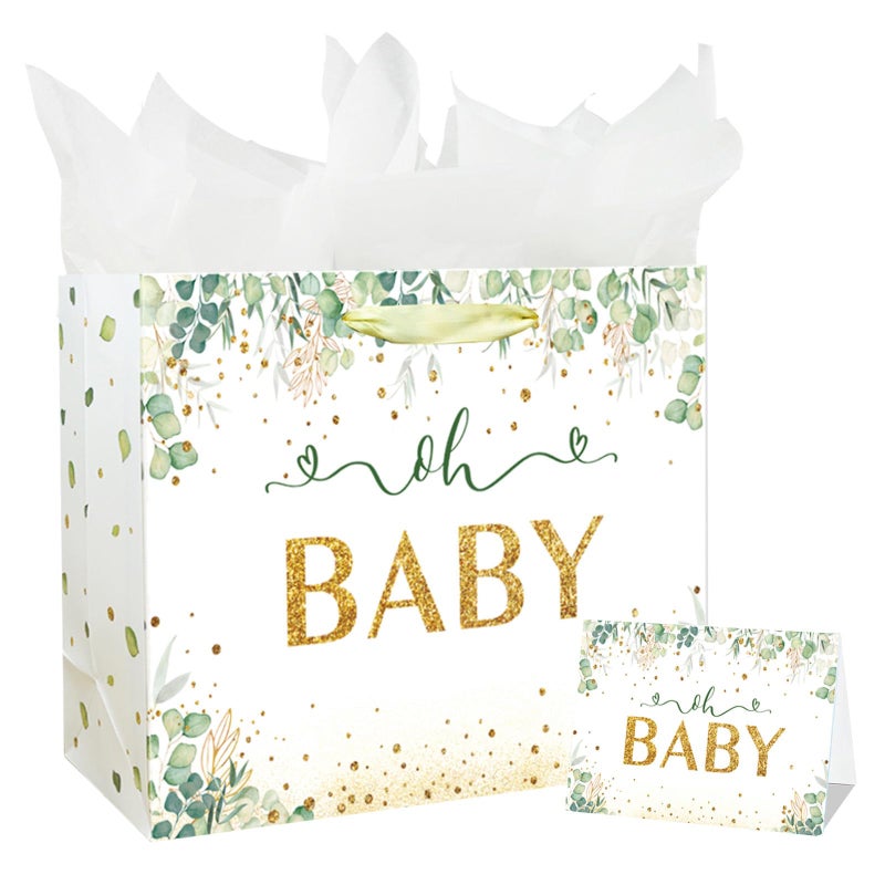 Laidans 13" Large Baby Boy Girl Gift Bag for Baby Shower or Birthday with Handle, Tissue Paper and Greeting Card (13" Green) - Image 1