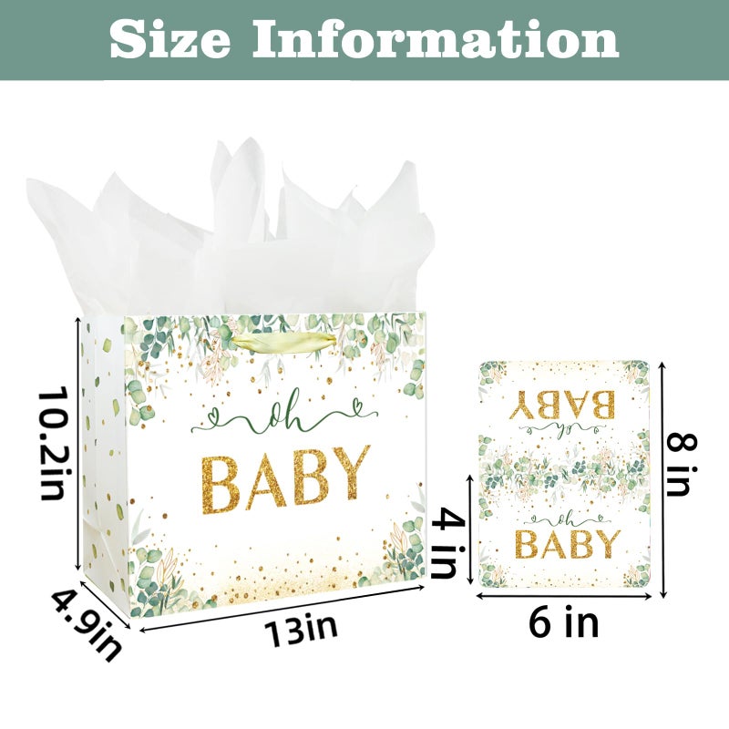 Laidans 13" Large Baby Boy Girl Gift Bag for Baby Shower or Birthday with Handle, Tissue Paper and Greeting Card (13" Green) - Image 2