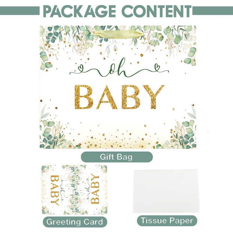 Laidans 13" Large Baby Boy Girl Gift Bag for Baby Shower or Birthday with Handle, Tissue Paper and Greeting Card (13" Green) - Image 4