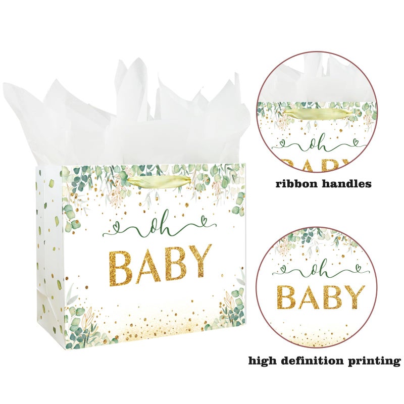 Laidans 13" Large Baby Boy Girl Gift Bag for Baby Shower or Birthday with Handle, Tissue Paper and Greeting Card (13" Green) - Image 3