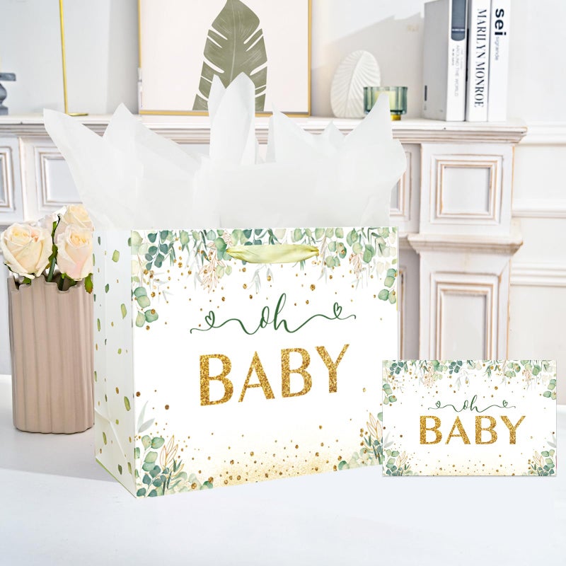 Laidans 13" Large Baby Boy Girl Gift Bag for Baby Shower or Birthday with Handle, Tissue Paper and Greeting Card (13" Green) - Image 5