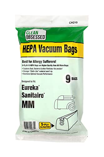Clean Obsessed H10 HEPA Bags Type MM Bags Replacement For Eureka Mighty Mite Models 3670 3680  Sanitaire Models S3680  3680  9 Cloth HEPA Bags per package