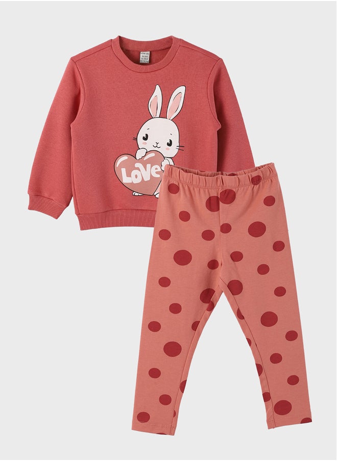 LC WAIKIKI Crew Neck Long Sleeve Printed Baby Girl Sweatshirt and Tights 2-Pack Set  - Image 1