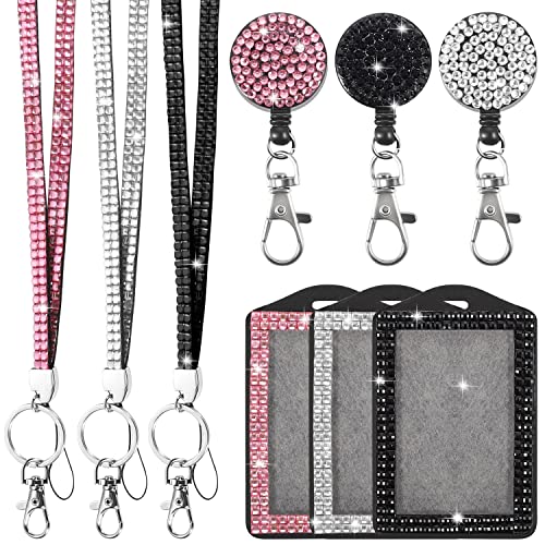 Pengxiaomei 9 in 3 Sets 3 Color Upgraded Rhinestone Lanyard for ID Badges for Women Cute, Bling Mom Lanyards for ID Badges Teacher ID Card Holder Crystal Retractable Badge Reel for Student Kids - Image 1
