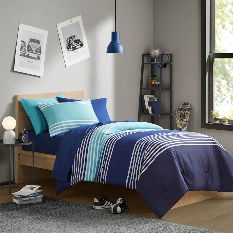 Comfort Spaces Twin Comforter Sets with Sheets - Bed in a Bag 6 Pieces Teen Bedding Sets Twin, Navy and Grey Stripes Bedding Twin, College Twin Bed Set, 2 Side Pockes Bedroom Organizer Twin Navy - Image 1