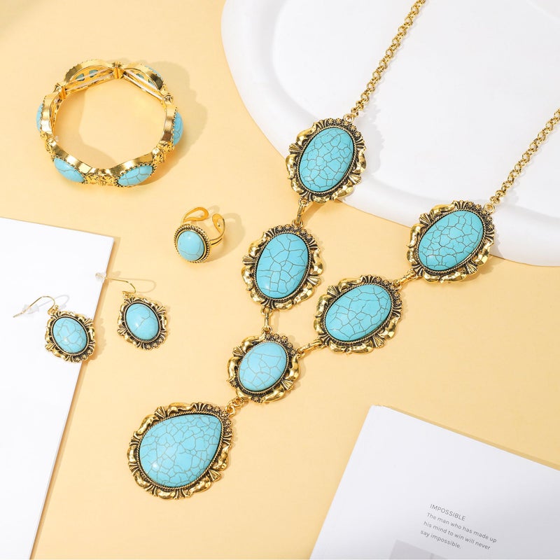 JMScape 4 PCS Western Turquoise Jewelry for Women Boho Vintage Navajo Pearl Necklace Earring Bracelet Ring Set Country Cowgirl Accessories for Gift (W-Blue) - Image 3