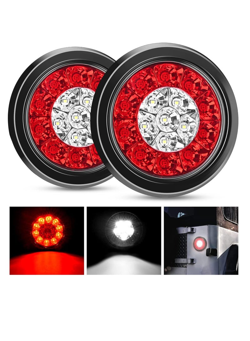 SYOSI 4" Round Red White LED, Trailer Tail Lights 16LEDs, Flush Mount Grommets IP67 Waterproof Stop Brake Running Reverse Light, for Trucks Trailer RV, 2 Pcs - Image 1