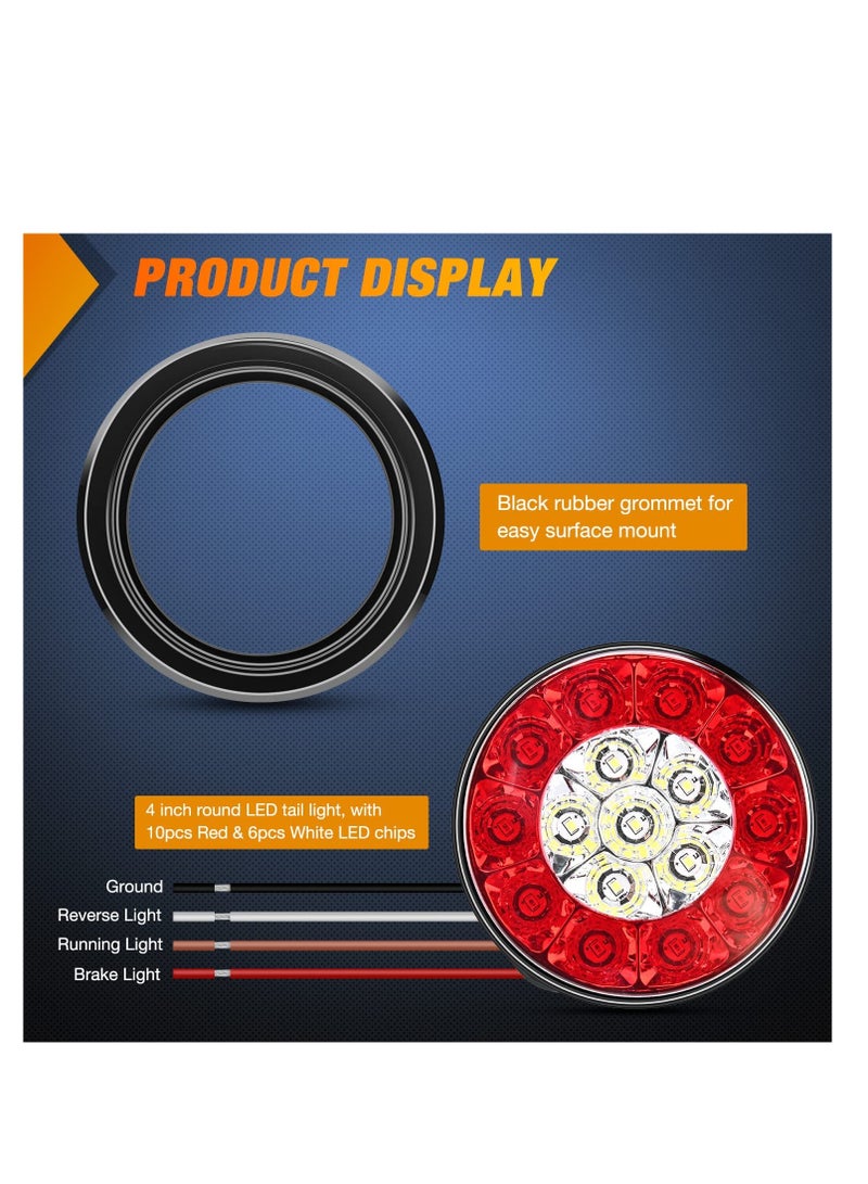 SYOSI 4" Round Red White LED, Trailer Tail Lights 16LEDs, Flush Mount Grommets IP67 Waterproof Stop Brake Running Reverse Light, for Trucks Trailer RV, 2 Pcs - Image 5