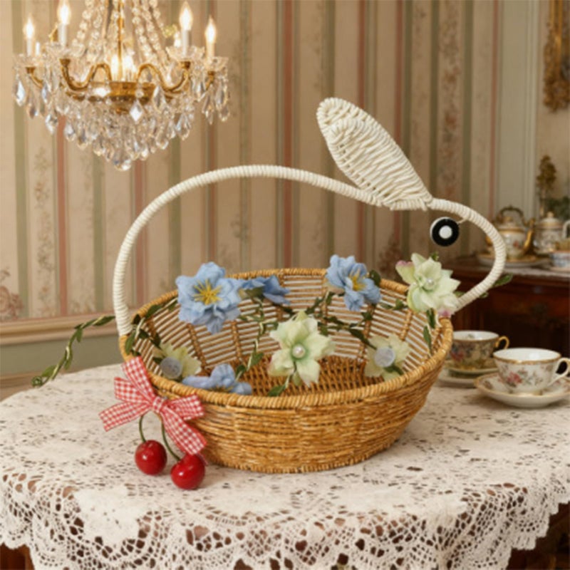 Yellow Rattan Basket With Bunny Handle Storage Organizer For Kitchen Bedroom Living Room 30x25x9cm - Image 4