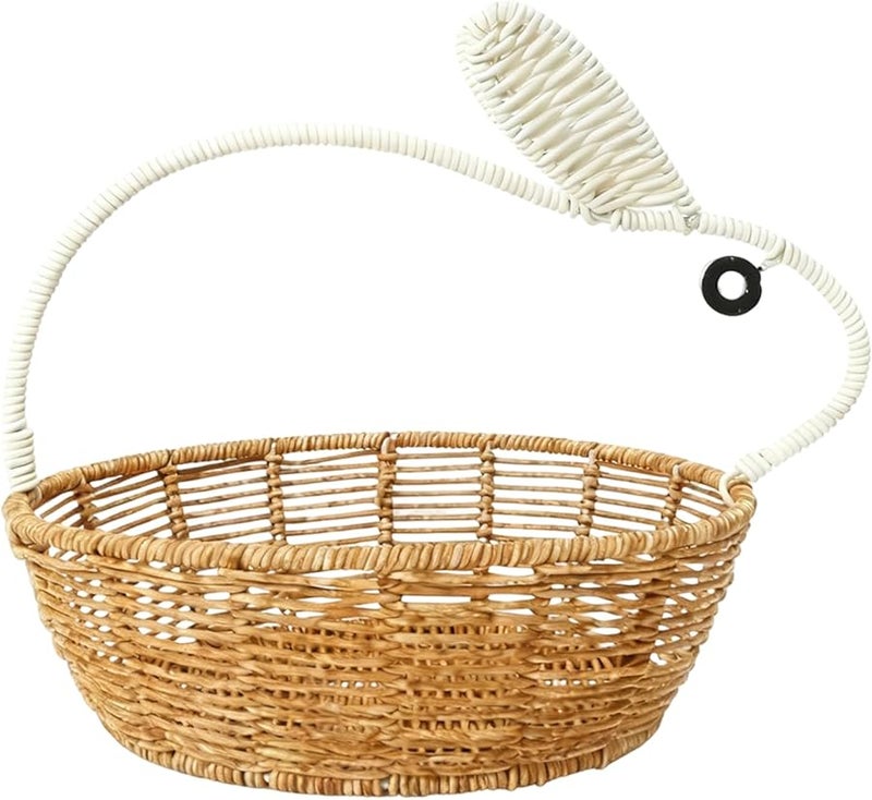 Yellow Rattan Basket With Bunny Handle Storage Organizer For Kitchen Bedroom Living Room 30x25x9cm - Image 1