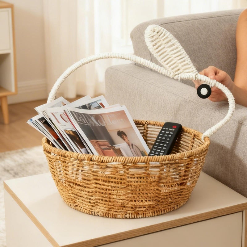 Yellow Rattan Basket With Bunny Handle Storage Organizer For Kitchen Bedroom Living Room 30x25x9cm - Image 5