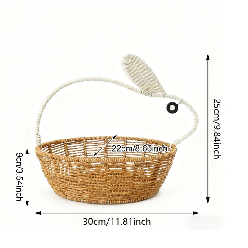 Yellow Rattan Basket With Bunny Handle Storage Organizer For Kitchen Bedroom Living Room 30x25x9cm - Image 3