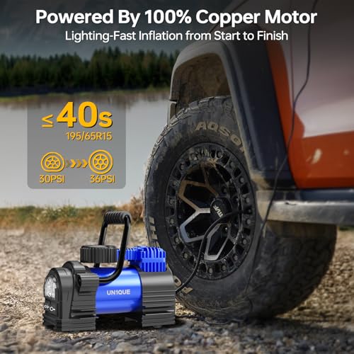 UN1QUE Heavy Duty Tyre Inflator Portable Air Compressor, DC 12V Tire Air Pump and 120PSI Pressure Gauge, Portable Tyre Inflator for Car Tires, Motorcycles, Bike, Ball - Image 3