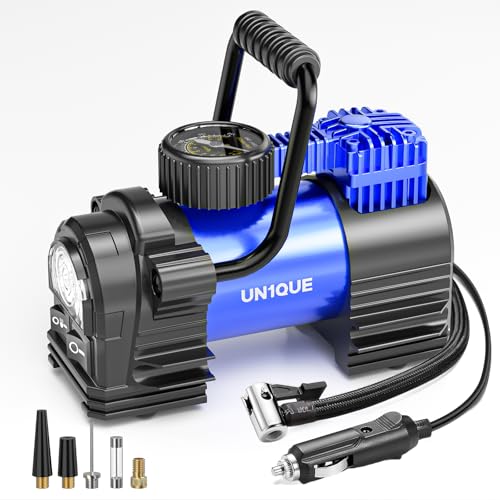 UN1QUE Heavy Duty Tyre Inflator Portable Air Compressor, DC 12V Tire Air Pump and 120PSI Pressure Gauge, Portable Tyre Inflator for Car Tires, Motorcycles, Bike, Ball - Image 1