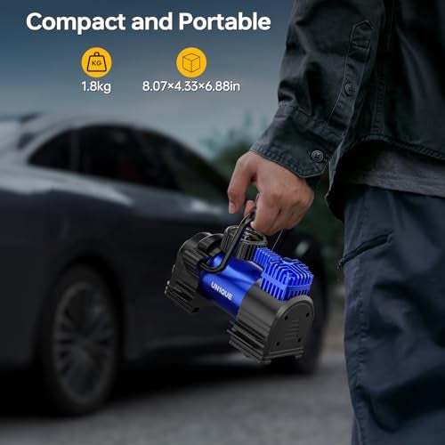 UN1QUE Heavy Duty Tyre Inflator Portable Air Compressor, DC 12V Tire Air Pump and 120PSI Pressure Gauge, Portable Tyre Inflator for Car Tires, Motorcycles, Bike, Ball - Image 4