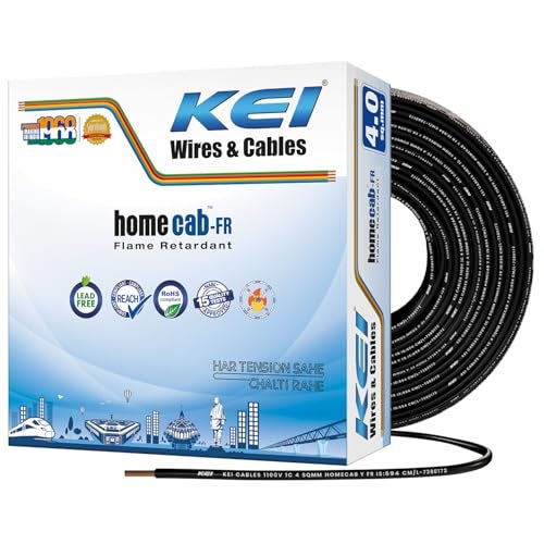 KEI WIRES & CABLES Homecab 4 sqmm 1 Core Copper Flame Retardant House Wire PVC Insulated Cable for Domestic & Industrial Electrical Wiring (Black, 90 Meters) - Image 1