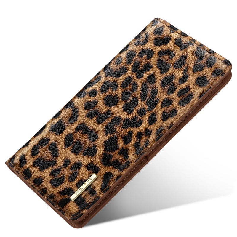 Simikol Ultra Slim Womens Wallet Minimalist Thin Long Leather Bifold Wallet RFID Blocking Card Holder Organizer with Zipper Coin Pocket Ladies Girls Gift Purse, Leopard - Image 1