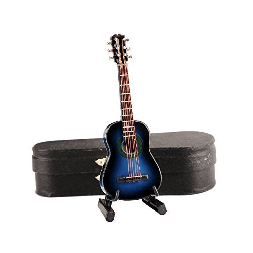 Dselvgvu Wooden Miniature Guitar with Stand and Case Mini Musical Instrument Classic Guitar Replica Collectible Figurines Model Home Decoration Display Ornament (Blue, 3.93"x1.42"x0.56") - Image 1