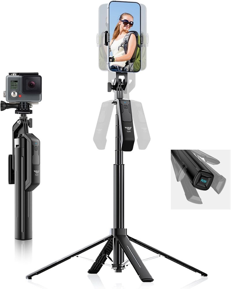 TNW 180cm/71in Phone Tripod Selfie Stick with Detachable Wireless Remote, All in 1 Extendable Selfie Stick for iPhone & Android, S30 Portable Travel Tripod for Vlogging and Video Recording(Black) - Image 1