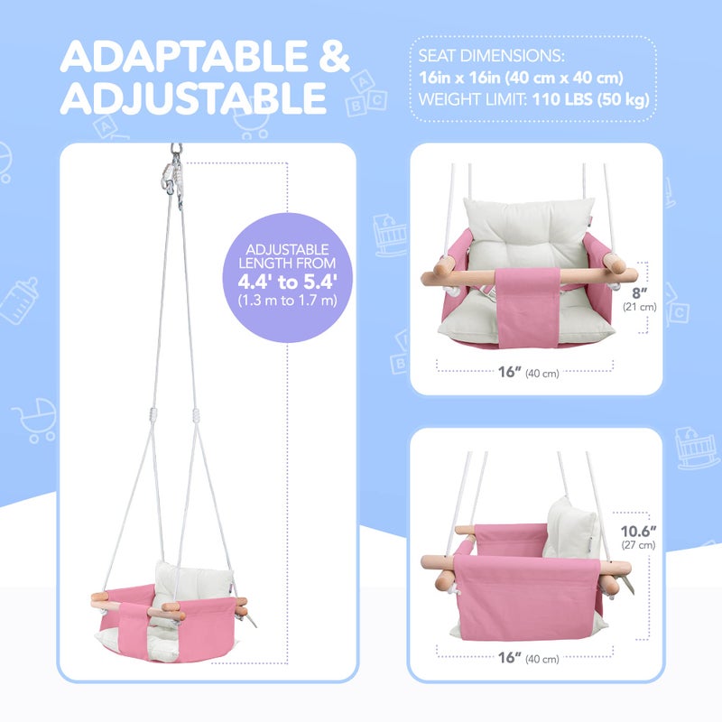 CaTeam - Canvas Baby Swing, Wooden Hanging Swing Seat Chair with Safety Belt, Durable Baby Swing Chair, Outdoor and Indoor Swing for Kids, Mounting Hardware Included, Pink - Image 5