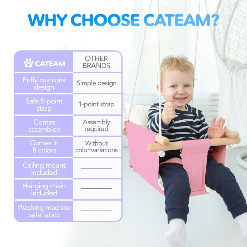 CaTeam - Canvas Baby Swing, Wooden Hanging Swing Seat Chair with Safety Belt, Durable Baby Swing Chair, Outdoor and Indoor Swing for Kids, Mounting Hardware Included, Pink - Image 4