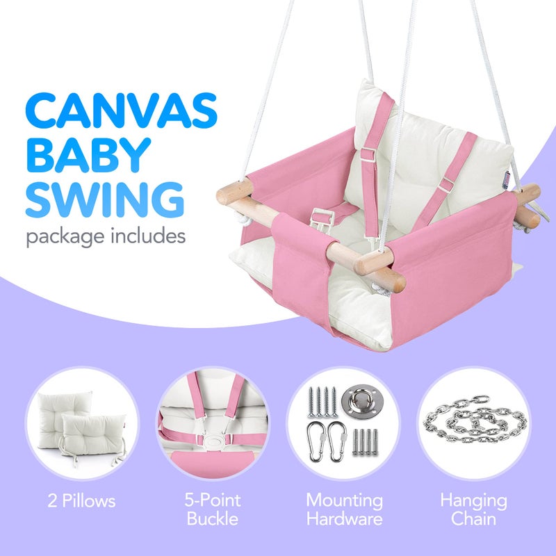 CaTeam - Canvas Baby Swing, Wooden Hanging Swing Seat Chair with Safety Belt, Durable Baby Swing Chair, Outdoor and Indoor Swing for Kids, Mounting Hardware Included, Pink - Image 3